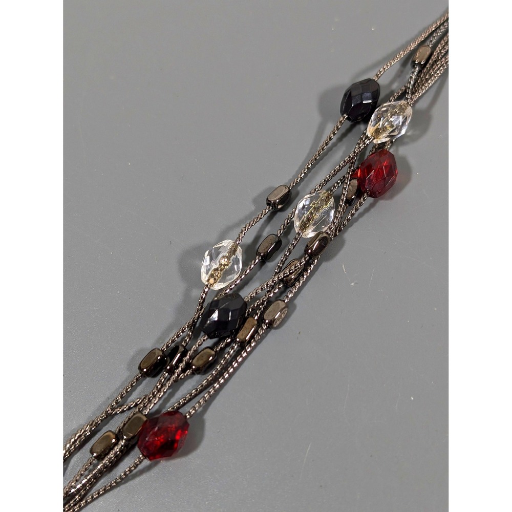 Gunmetal Multi Chain Bracelet Red Black Clear Bead Station Layered 7.5 in